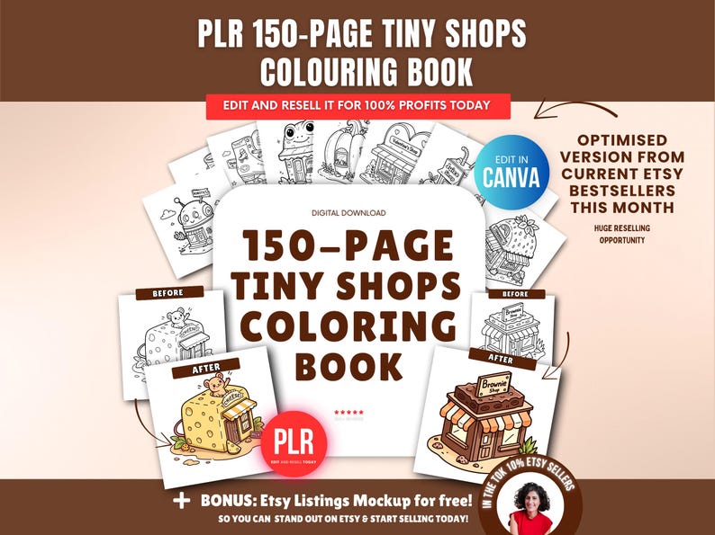 Libro para colorear de 150 páginas sobre tienditas (PLR), plantilla editable de Canva