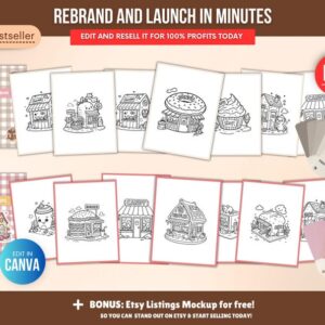 Libro para colorear de 150 páginas sobre tienditas (PLR), plantilla editable de Canva, derechos de reventa (PLR)